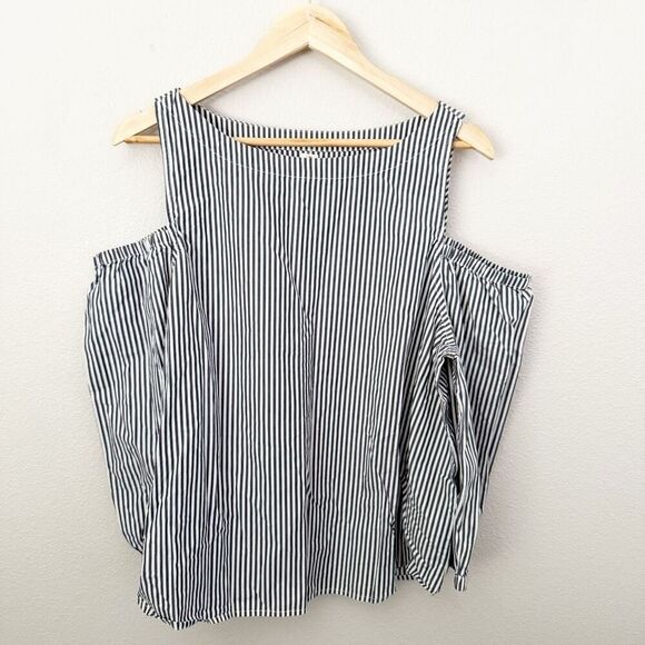 GAP | Coastal Cold Shoulder Top Blouse Blue White Banker Stripe Cotton | Size XL - Picture 1 of 6